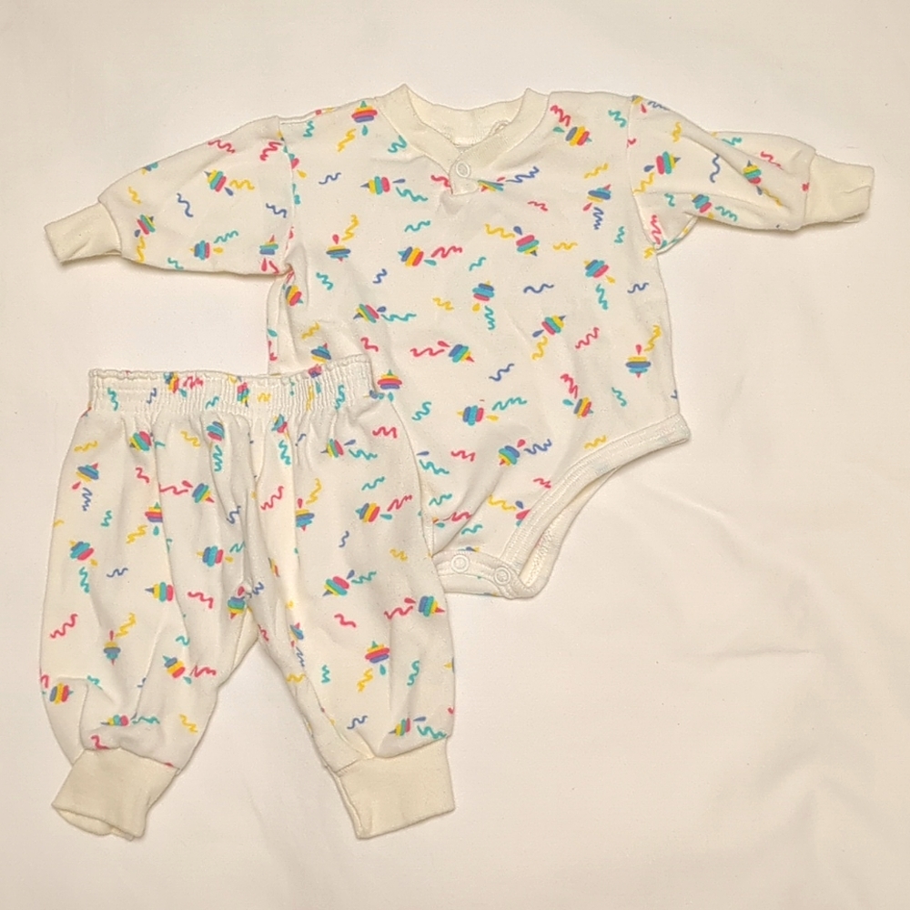 EUC Vintage Baby Girl 80s Multicolor Squiggle Long Sleeve Bodysuit and Pants Set